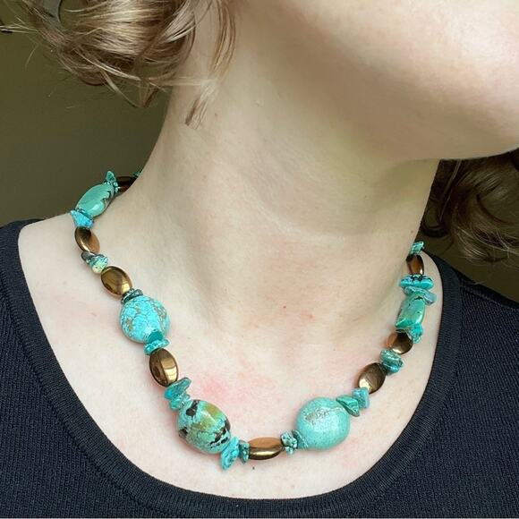 Vintage 925 Sterling Silver Chunky Genuine Turquoise and Bronze Bead Necklace C3 - Picture 3 of 11